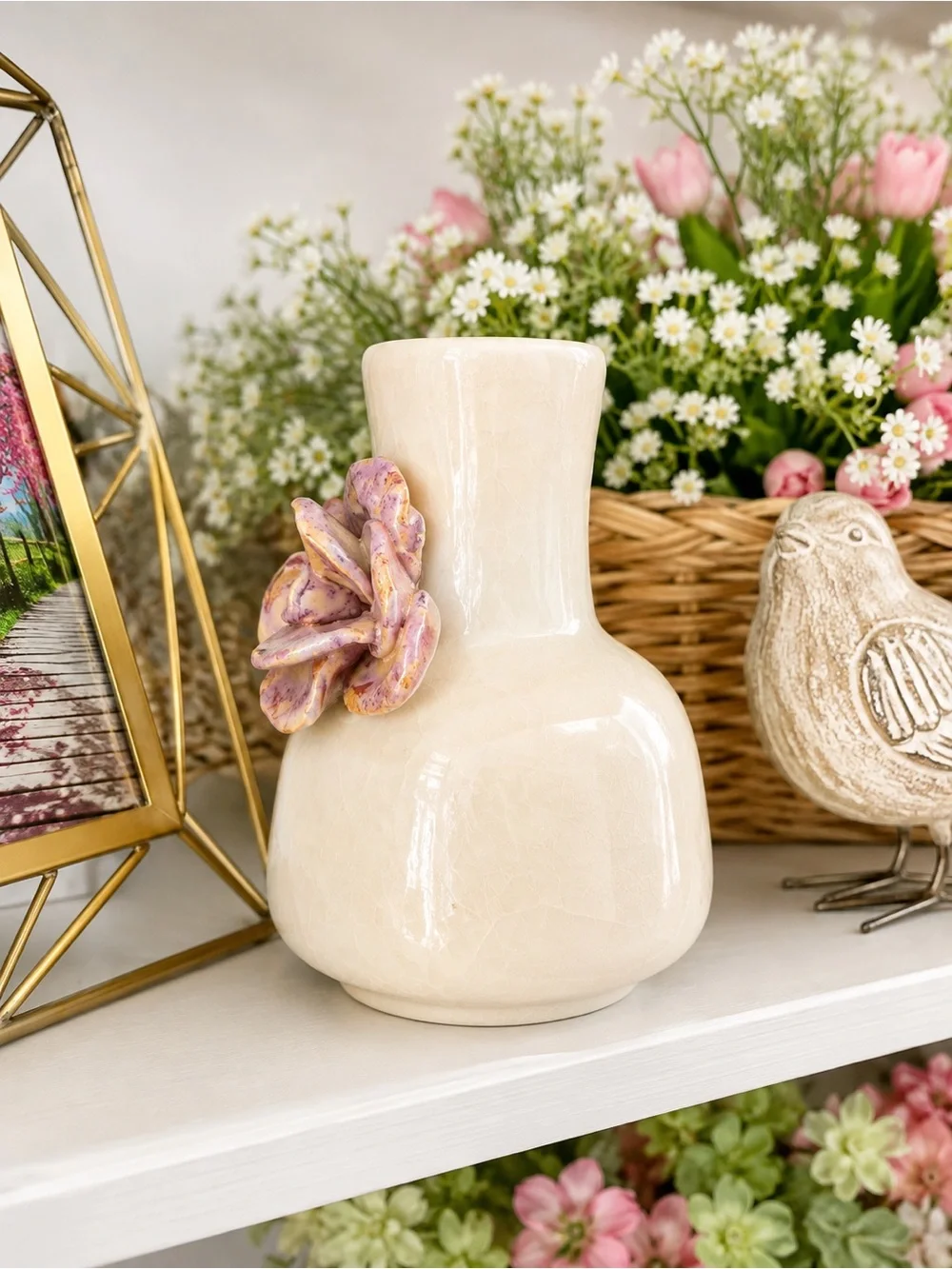 Vintage Ivory Crackle Glaze Pottery Vase with Applied Pink Rose – Cottage Floral